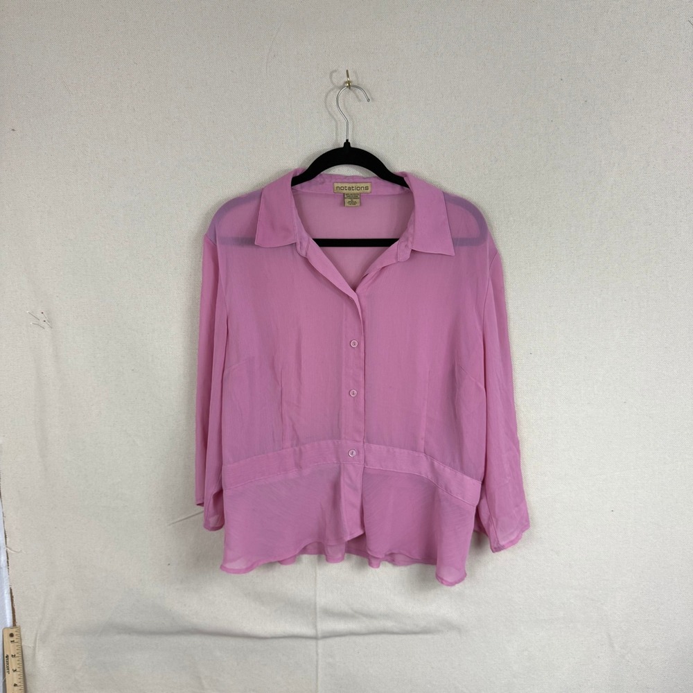 Notations Pink Sheer Peplum Blouse Womens XL‎ 3/4 Sleeve Button Up MYRW0001